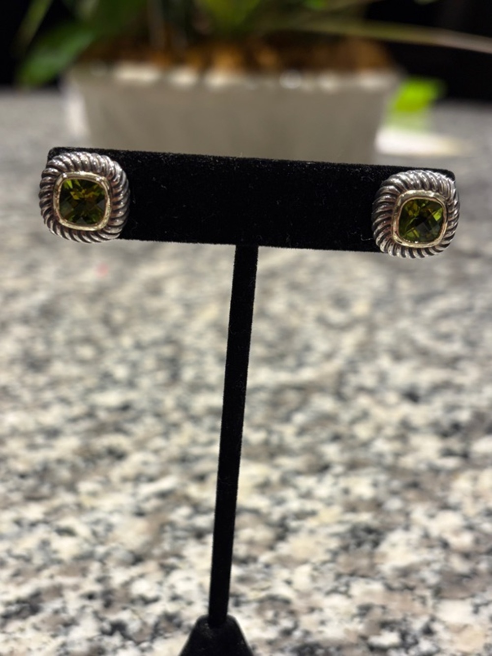 David Yurman 925 Sterling & 14k Peridot Cushion Stud Earrings